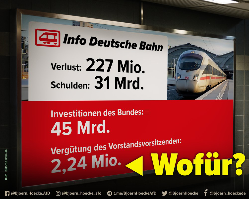 Verlust der Deutschen Bahn: 227 Mio. Schulden: 31 Mio. Investitionen des Bundes: 45 Mrd. Vergütung des Vorstandsvorsitzenden: 2,24 Mio. Wofür?